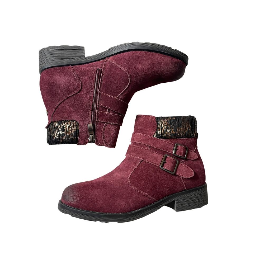 Bernie Mev Red Suede Ankle Boots Sz 7/38 Buckle Side Zip Knit Cuff Booties NWOB